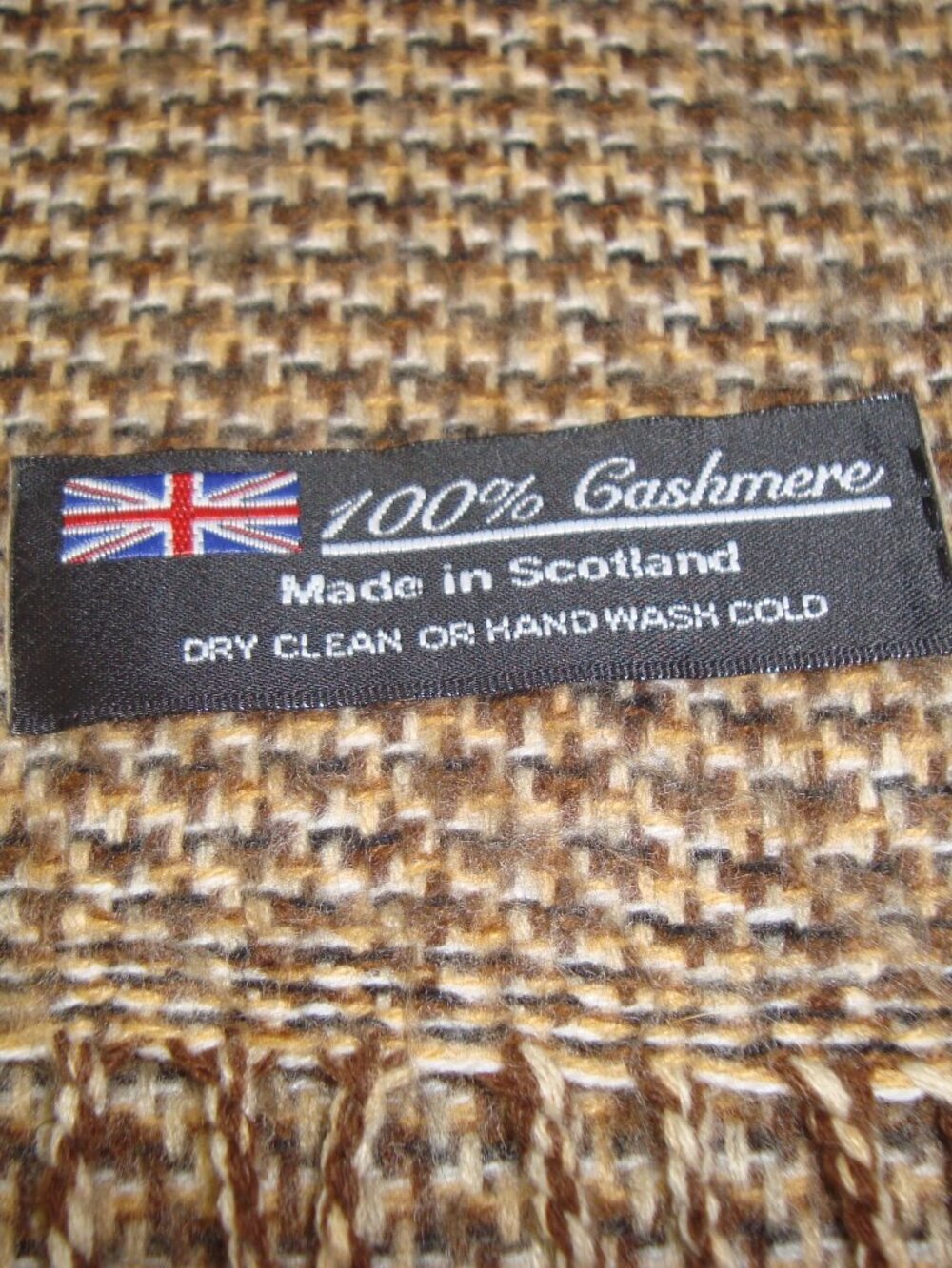 100% Cashmere Fringed Scarf Neutral Tones Made in SCOTLAND